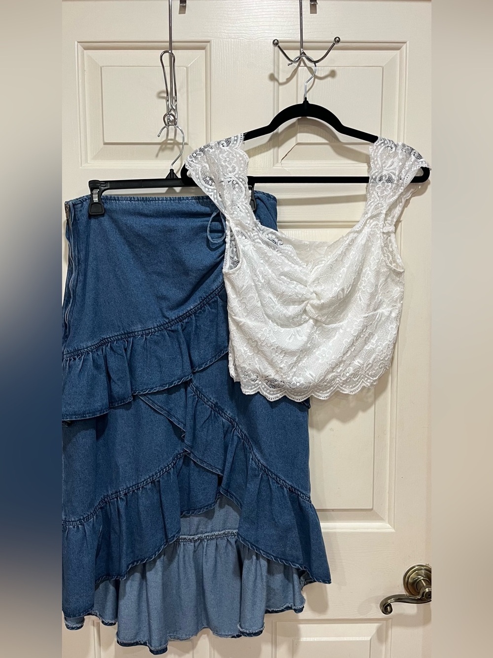 White Lace Crop Top & High Low Ruffle Denim Midid Skirt Set